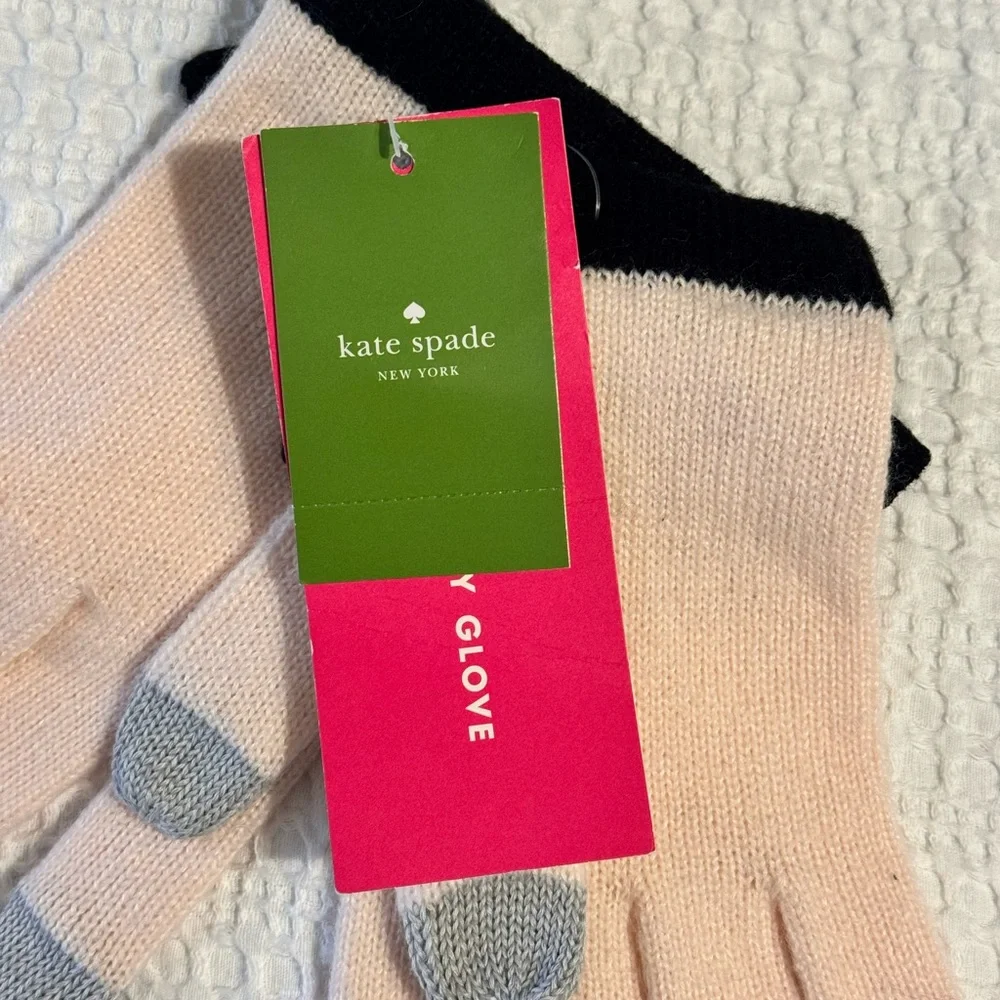 New Kate Spade Rose Dew Pink and Black Bow Tech Gloves
